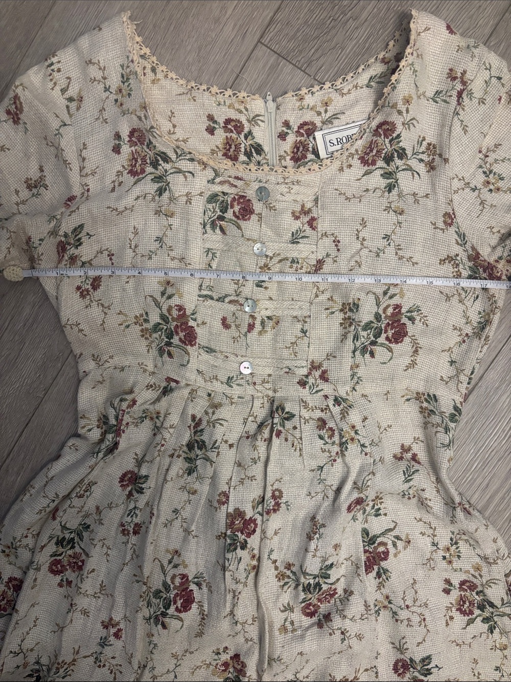 Vintage Cottagecore Prairie Girl 90s Floral Cream Pink Lace Trim - Picture 6 of 10